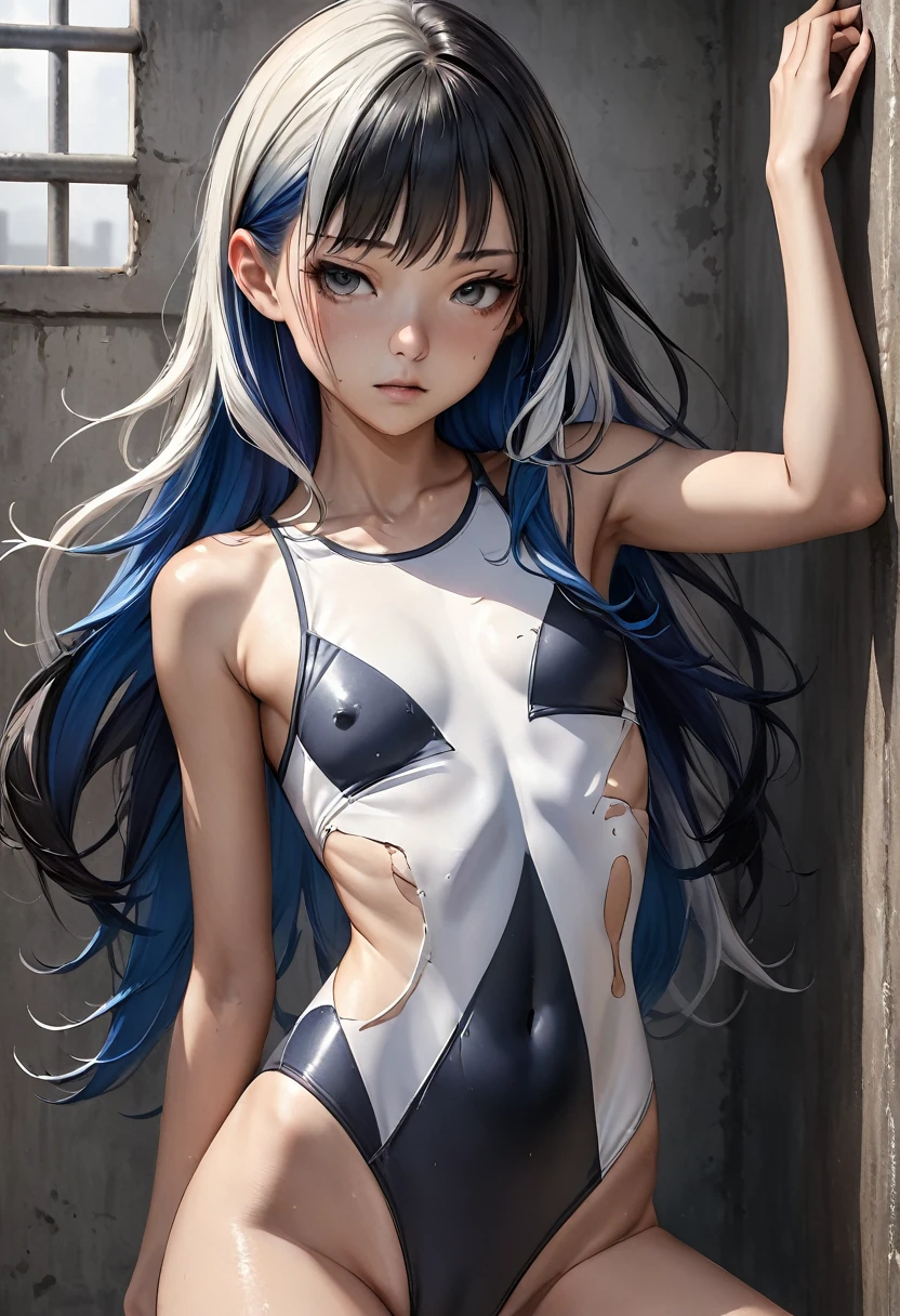 realistic, girl,flat chest,Slender,long hair,,multicolored hair, two-tone hair, split-color hair,prison, highleg swimsuit that is so torn that no prototype remains