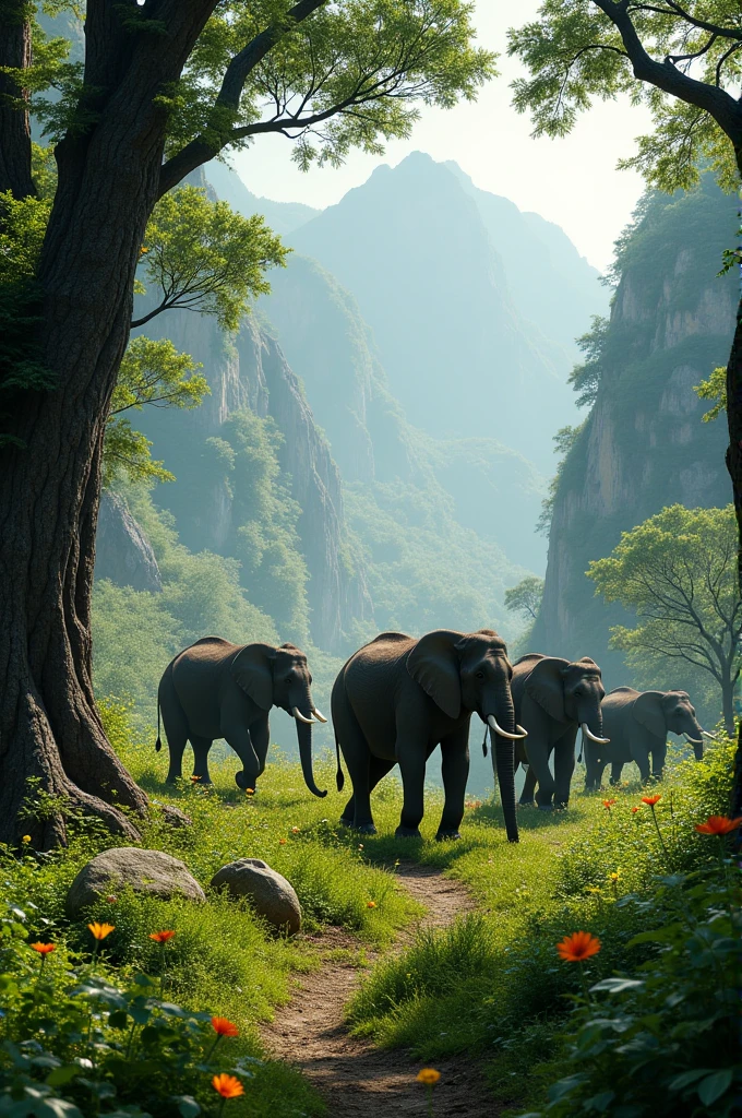 Elephants and mountain forest