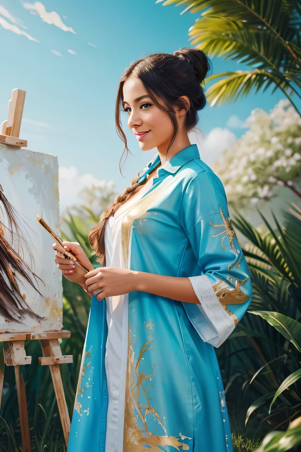 Beautiful painting of a woman standing near beautiful canva stand ,holding a painting brush, making painting of a nature, strong smiling expression,sky blue shimmering long shirt, white canva stand, light shining down on her, very very long messy hair tied in bun, messy paint strokes, powerful, ink splatter, sky blue painting room background, bright colors,, blue, white, black, gold paint strokes, beautiful art, insanely detailed, fantasy concept art