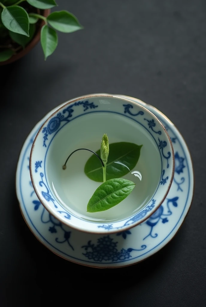 The camera looks down from directly above at a Chinese high mountain tea with one wick and two leaves brewing in a Chinese blue and white porcelain teacup.，((Right beneath the surface, You can see a single bud and two leaves of Chinese high mountain dry tea, which has been dried and then moistened, floating in the water.)),simple，Movie Lighting，专业photography，Studio Lighting，Black desktop background，photography，Intricate details，Ultra Detail，Hyper-photorealism，8K Ultra HD （（Top-down view，Top view, bird's eye view））