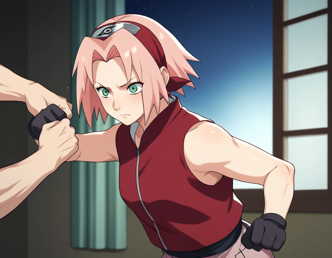 BREAK, source_anime,
1girl, haruno sakura, pink hair, short hair, green eyes, sleeveless, red shirt, forehead protector, beautiful legs, black gloves, pussy, bottomless, upper body, beautiful body, konohagakure background, figthing pose, punching. BREAK 1boy caucasian-skinned bald boy, bald male, penis, imminent rape, naked, indoors, bedroom, night time, Window