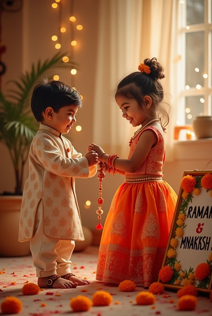 Create a brother sister are celebrating rakshabandhan and there right side has a board written there RAMAN and MINAKSHI