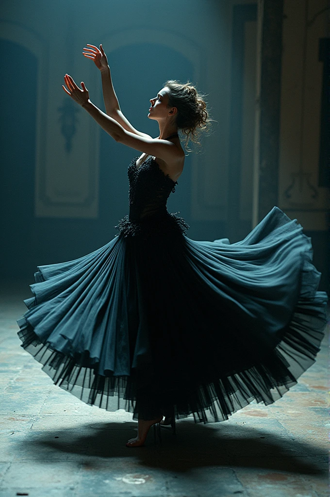 i am in action and I am the most famous dancer my movements are like those of light that look like they are in blur the message I want to give is that art is very real , the style is very real  , very real 48k photo rules high contrast gothic horror light unique piece masterpiece artwork