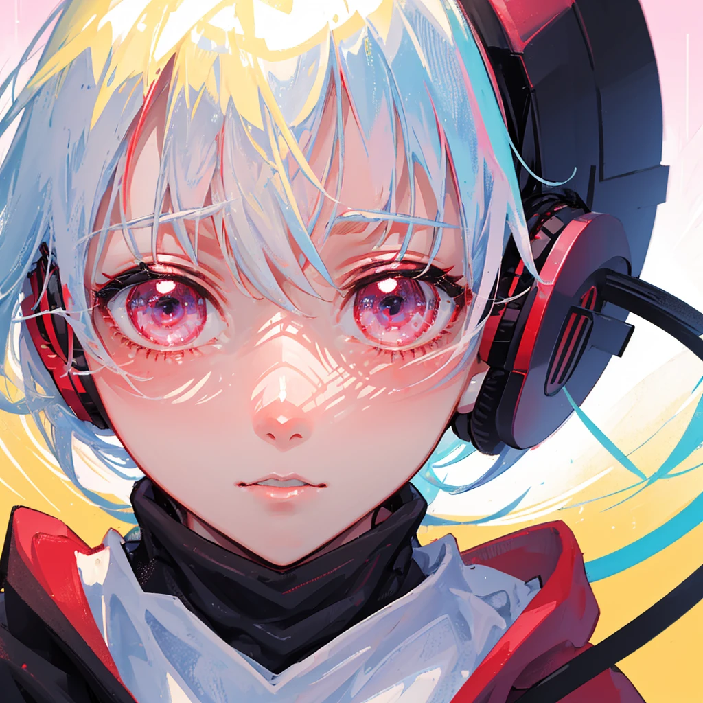 A girl with a high white ponytail、Wearing a red sweatshirt、A girl wearing headphones is facing the camera,colorful,gorgeous,Close-up of face,Solitary,Fine
