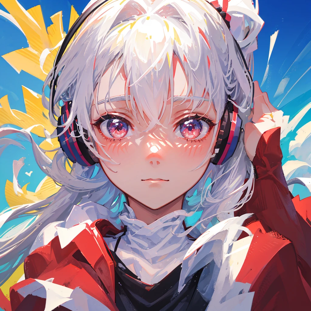 A girl with a high white ponytail、Wearing a red sweatshirt、A girl wearing headphones is facing the camera,colorful,gorgeous,Close-up of face,Solitary,Fine