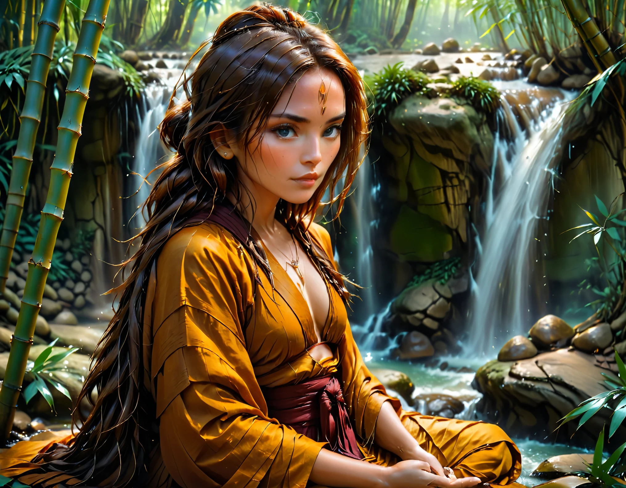 a picture of a (female monk: 1.2) sitting and meditating near a waterfall in a bamboo forest,  there is a human woman monk wearing monk garbs, (epic sized waterfall: 1.3), dynamic hair color, long hair, full body (best details, Masterpiece, best quality :1.5), ultra detailed face (best details, Masterpiece, best quality :1.5), ultra feminine (best details, Masterpiece, best quality :1.5), exquisite beautiful (best details, Masterpiece, best quality :1.5) dynamic hair color hair, long hair, wavy hair, pale skin, dynamic eyes color, intense eyes, water coming down from a volcanic cliff, she is sitting in a rich epic bamboo forest, clear water in many hues of blue and azure, it is the dawn of day, between night and day, the sun is rising, a time of meditation and serenity, bamboo forest background, fantasy art, photorealistic, D&D art, ultra best realistic, best details, best quality, 16k, [ultra detailed], masterpiece, best quality, (extremely detailed), ultra wide shot, photorealism, depth of field, hyper realistic painting, Cinematic Hollywood Film, Intense gaze