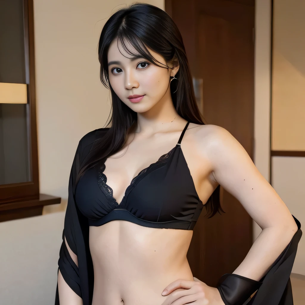 33 years old beautiful Japanese model wearing black bra and black saree with orange dupatta, 35 years old male boyfriend muscular with black hair , standing behind holding her belly viewing camera from front cheek kiss