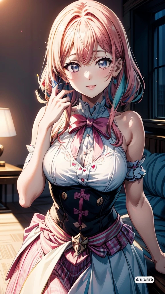 “(Top Quality, Masterpiece, Ultra High Definition, High Resolution, HDR, Unity 8K Wallpaper, Beautiful details, depth, delicacy, vibrant colors). A single girl in an anime style inspired by Epic Seven. She has beautifully detailed eyes, lips and face, her eyelashes are long, she wears an intricate and revealing gyaru-style uniform, a mini skirt, cute ribbons, accessories, her hands are not shown, her hair is multicolored with a striped curly texture, her hands are behind her back, a mix of rainbow hues and half white, half pink tones, the focus is on her upper body, capturing her smiling expression, her arms down, the accented mini skirt, this image highlights her attractive and adorable appearance, exuding an erotic and cute atmosphere. The girl's hairstyle is distinctive and different, adding uniqueness to her look, her hands are behind her back, this scene is rendered in ultra high definition CG, every detail is crisp and sharp.”