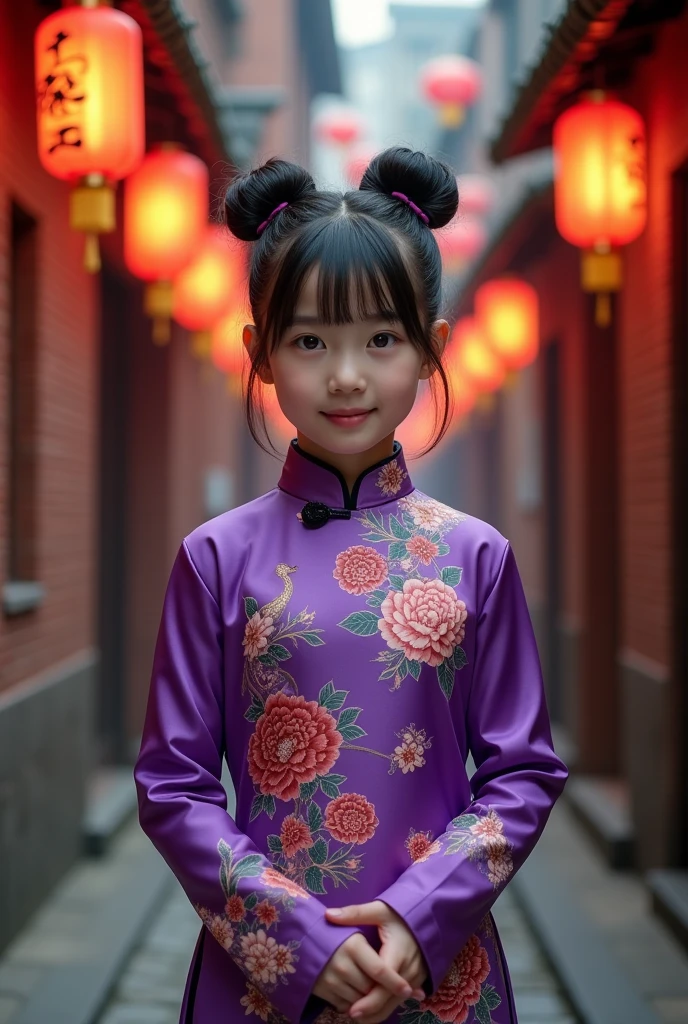 [Vision:1.0]，[Wide Angle:1.0]，National trendy fashion，，girl，Purple cheongsam，silk，Peony and Phoenix pattern，Perm，Shanghai alley，Brick Wall，lantern，(Full body shot:1.9)，panoramic，Vision，HD，Exquisite，Light Wave，Tradition，Exquisite，Perfect composition，超HD，(Look directly at the audience:15)，Surrealism，uhd，masterpiece，precise，Anatomically correct，Textured Skin，Super Detail，8k