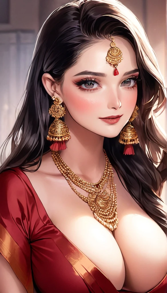 (Comic illustration)Renowned actress at the age of 28 wearing a provocative red silk saree braless, tassel earrings, long hair , saggy breasts ,face makeup, beautiful, alluring,long jhumka earrings , necklace,white skin