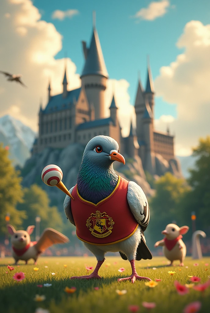 Draw a pigeon in front of Hogwarts castle playing Quidditch on a team jersey