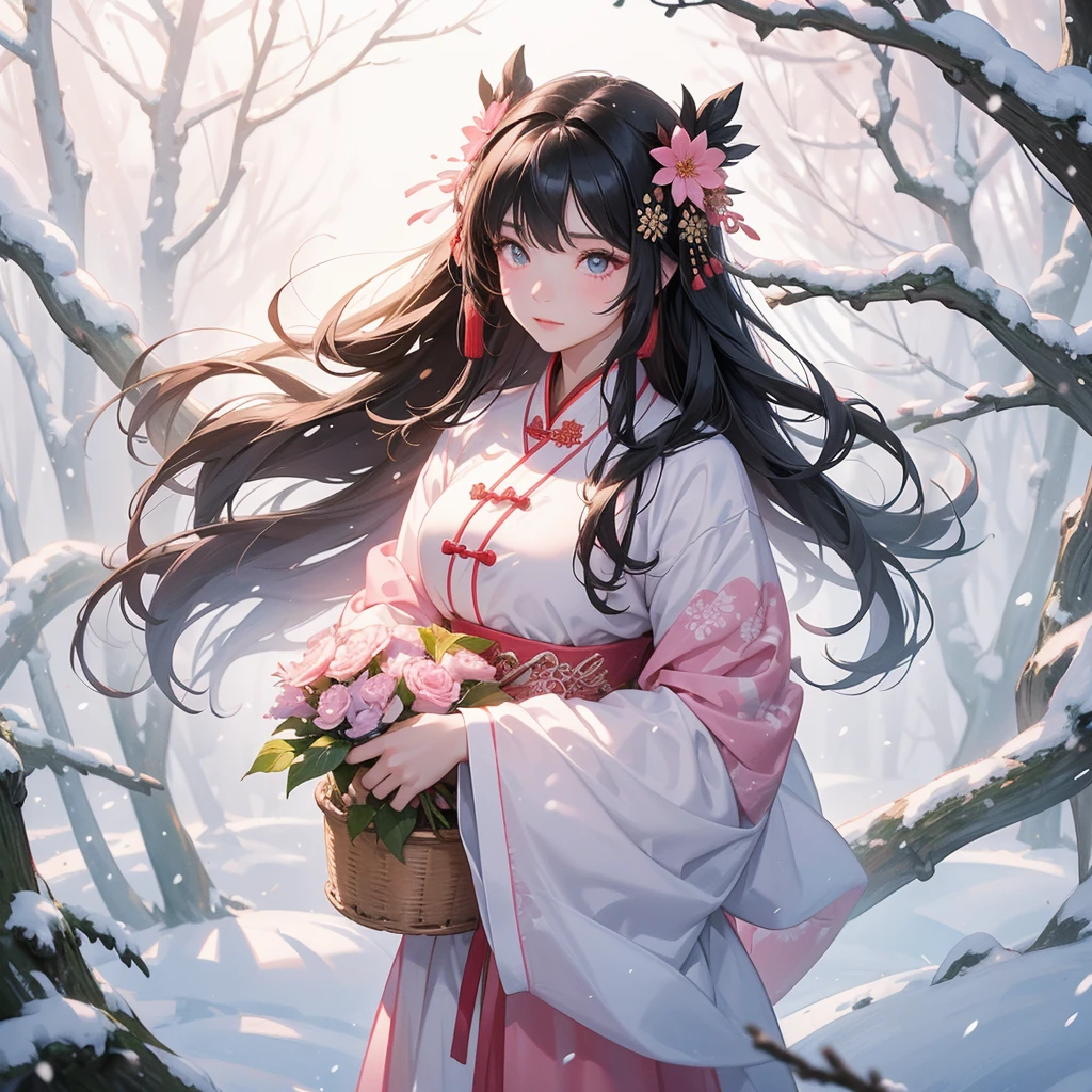 A beautiful girl with black long hair, In pink ancient Chinese clothing , holding a basket full of flowers in a forest covered in white snowstorms. A very strong blizzard The trees were completely covered with white snow, with the sun shining on her face, close up.
