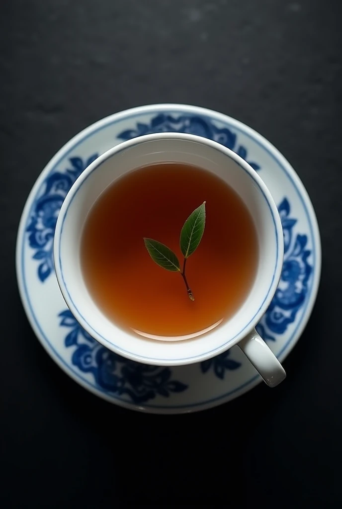 The camera looks down from directly above, capturing a Chinese blue and white porcelain teacup filled with a coffee-colored infusion of one bud and two leaves of Chinese high mountain tea.,((Right beneath the surface, You can see a single bud and two leaves of Chinese high mountain dry tea, which has been dried and then moistened, floating in the water.)),simple,Movie Lighting,专业photography,Studio Lighting,Black desktop background,photography,Intricate details,Ultra Detail,Hyper-photorealism,8K Ultra HD ((Top-down view,Top view, bird's eye view))