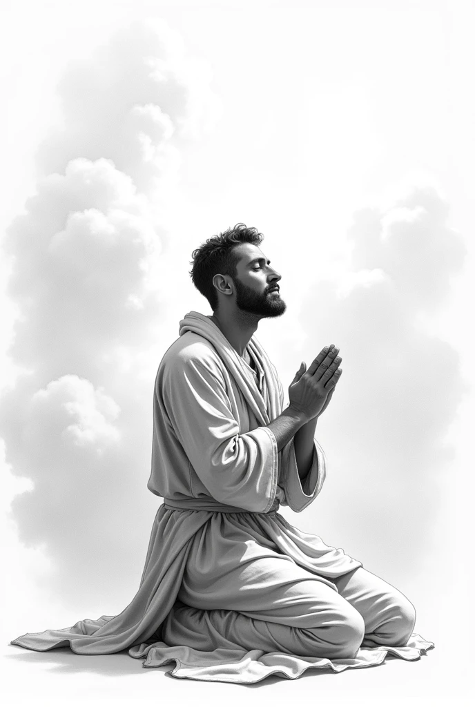 The same father with a tunic praying for his beloved to be well (black and white drawing)