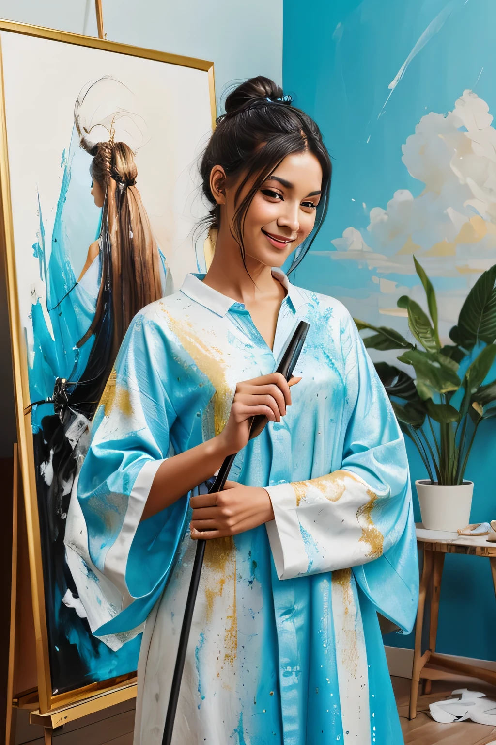 Beautiful painting of a woman standing near beautiful canva stand ,holding a painting brush, making painting of a nature, strong smiling expression,sky blue shimmering long shirt, white canva stand, light shining down on her, very very long messy hair tied in bun, messy paint strokes, powerful, ink splatter, sky blue painting room background, bright colors,, blue, white, black, gold paint strokes, beautiful art, insanely detailed, fantasy concept art