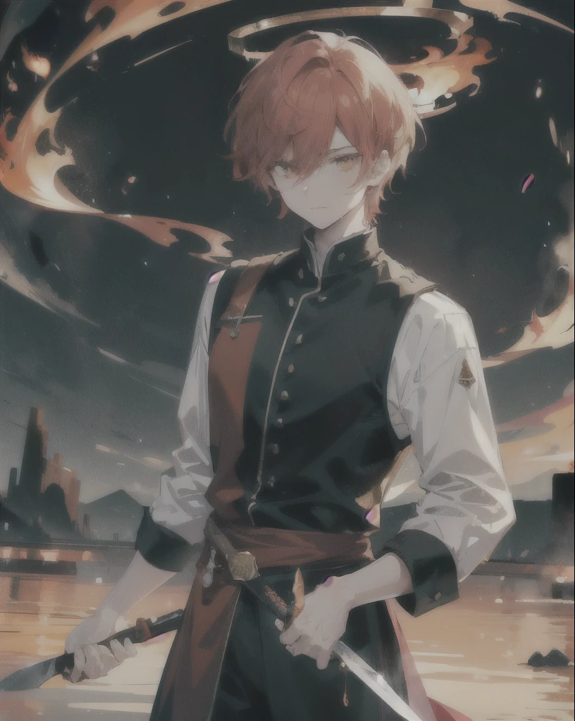 23-year-old male, 180cm tall, androgynous beauty, sharp golden eyes, short messy flame-red hair with a single vibrant red streak, medium build, ethereal appearance, wearing a disheveled black dress shirt with rolled-up sleeves, black skinny pants, holding a chef's knife surrounded by magical flames, sword master, various floating cooking utensils emitting sparks and embers, large orange paper umbrella behind head creating a halo effect, twilight sky background, reflective water surface, detailed anime style illustration, intense expression with slight smile, hidden power aura, culinary magic theme, fire and sparks swirling around the character