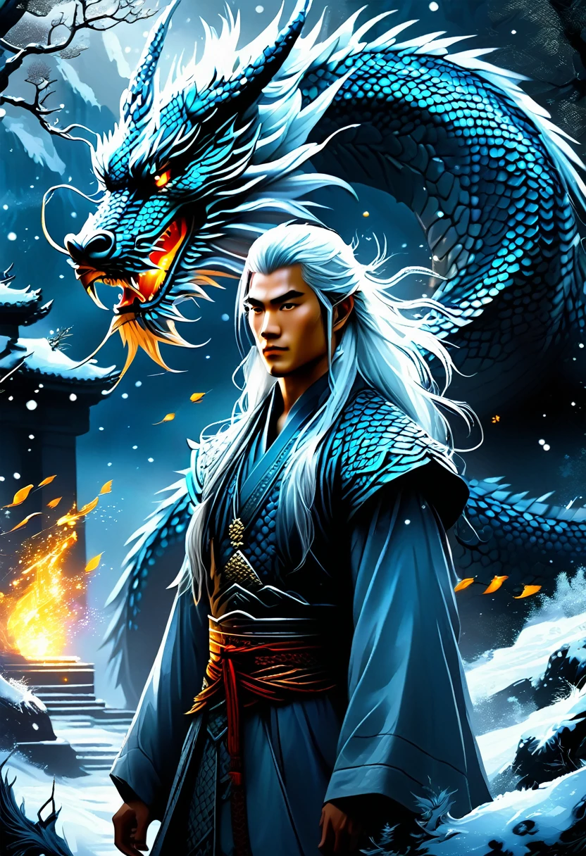 A stunning and mystical scene featuring a young man with long, flowing white hair, dressed in intricate traditional attire. He stands beside a majestic dragon with scales shimmering in shades of blue and grey. The dragon, with fierce yet wise eyes, is coiled protectively around the young man. The background is a wintry landscape, with snowflakes gently falling and a misty, ethereal atmosphere. The overall mood is one of serene power and ancient magic, capturing the deep bond between the young man and the dragon.
