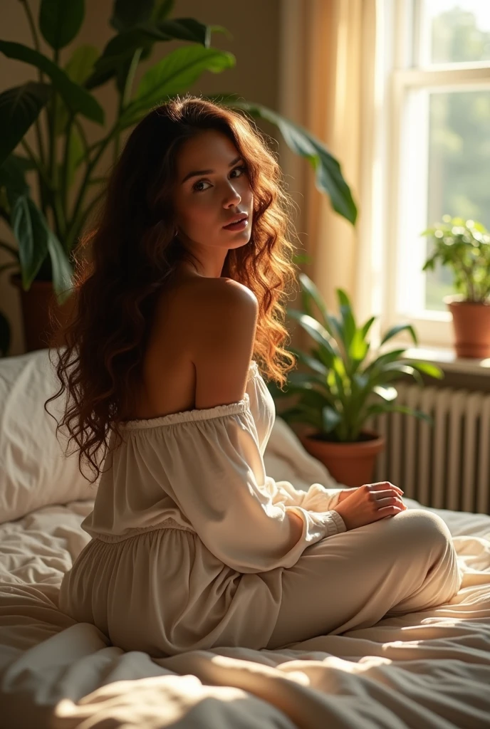 (photorealism:1.2), beautiful woman, sitting on bed, wearing loose off-shoulder top, pajama pants, long curly hair, indoors, soft lighting, plants in background, window with sunlight, cozy room, relaxed pose, realistic, intricate details, warm colors, by Greg Rutkowski, by Alphonse Mucha
