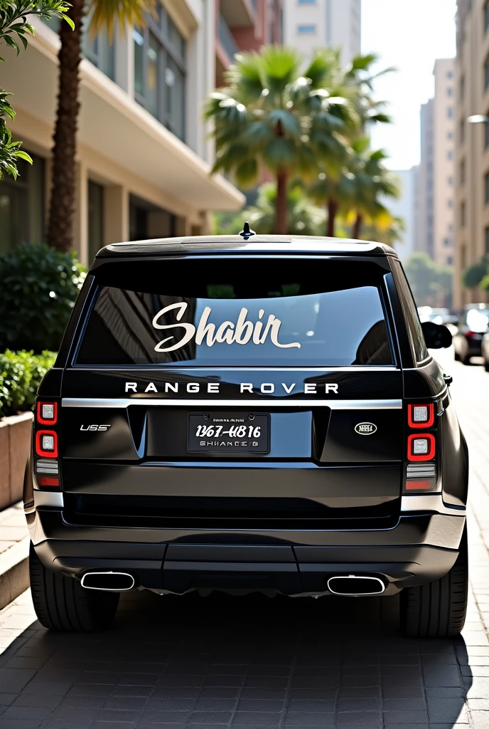 Make a picture of a Rang rover car if it is written on the rear window of the car SHABIR