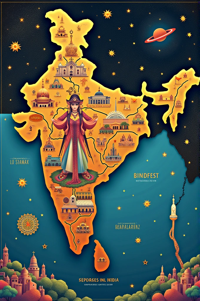 India with biggest population,cultural leader,space travelling and military power creative map