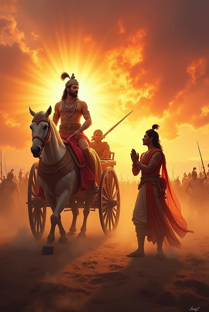 Shreemad bhagwat Geeta, where shri krishna teach Arjun about karma and war, theme will be like ancient war, Shri krishna on rath and Arjun on a pranam mudra
