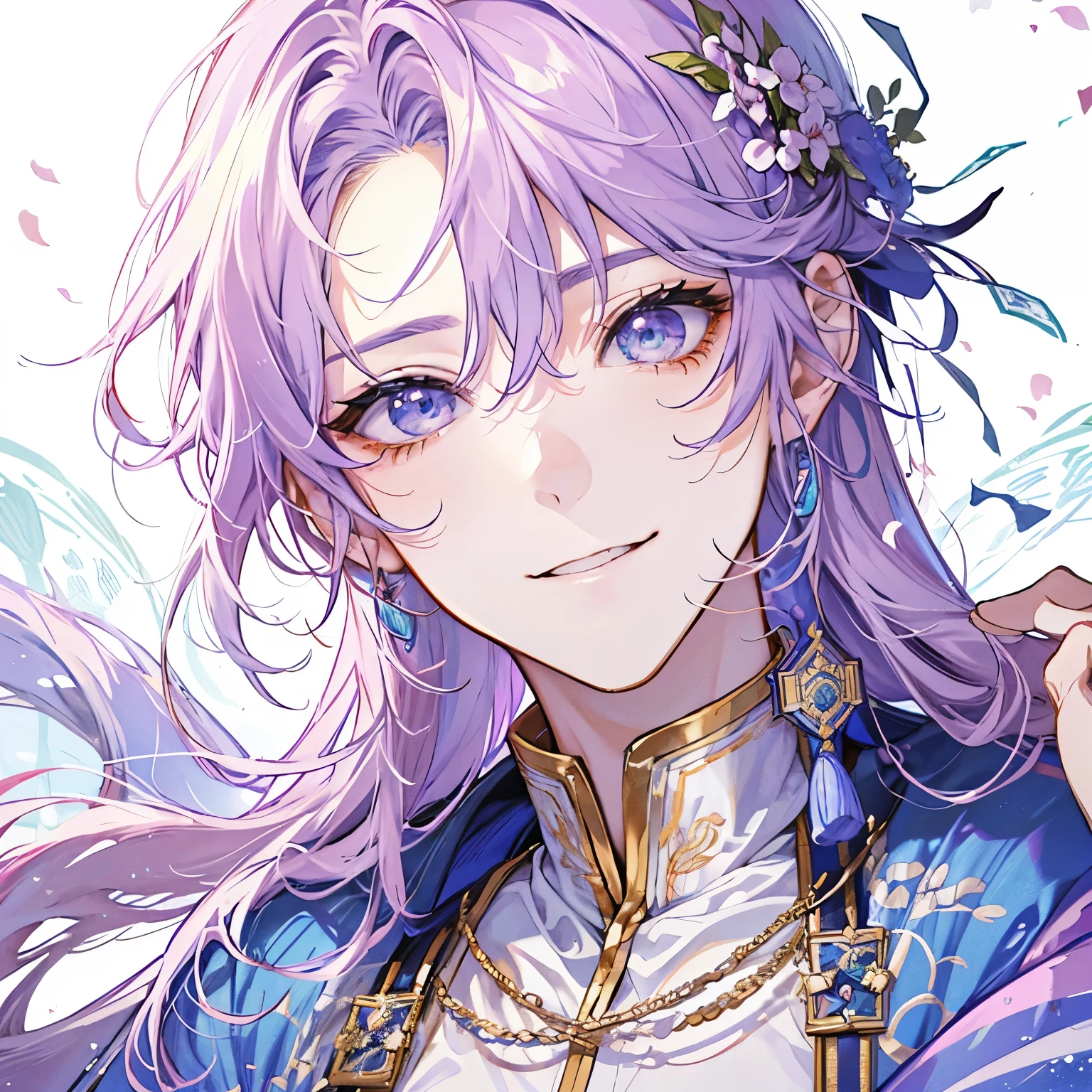 薄紫色の髪とすみれ色の鋭い目をしたmale、smile、Arabian Prince、male