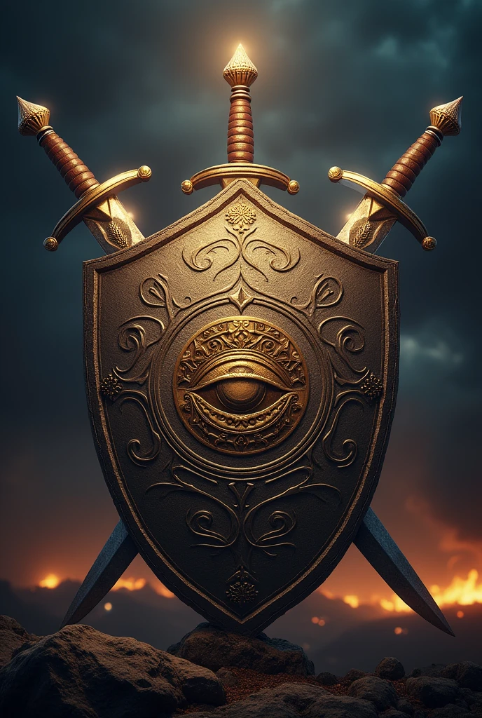 Two shields crossing, over them 3 swords and an eye in the middle