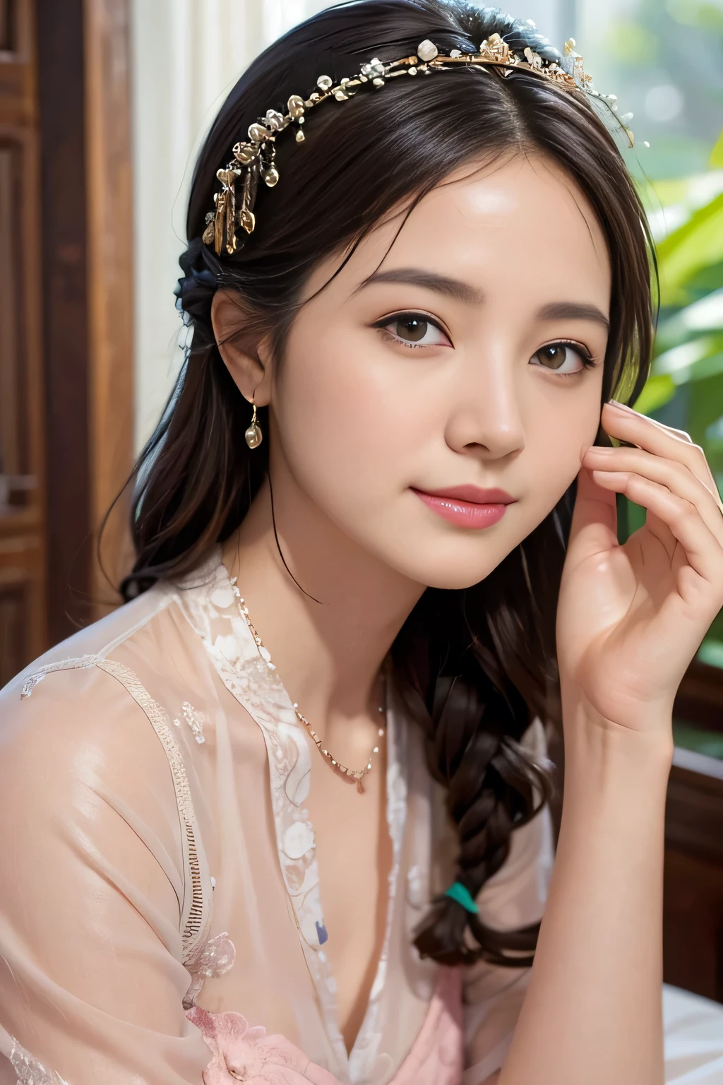 Masterpiece, best, night, full moon, 1 female, mature woman, Chinese style, ancient China, elder sister, royal sister, smile, dark brown hair, dark hair, princess cut, braid, curly hair, double ball head, pale pink Lips, calm, intellectual, medium hair, green pupils, hairpin, hydrangea, delicate face, face close-up, hand close-up