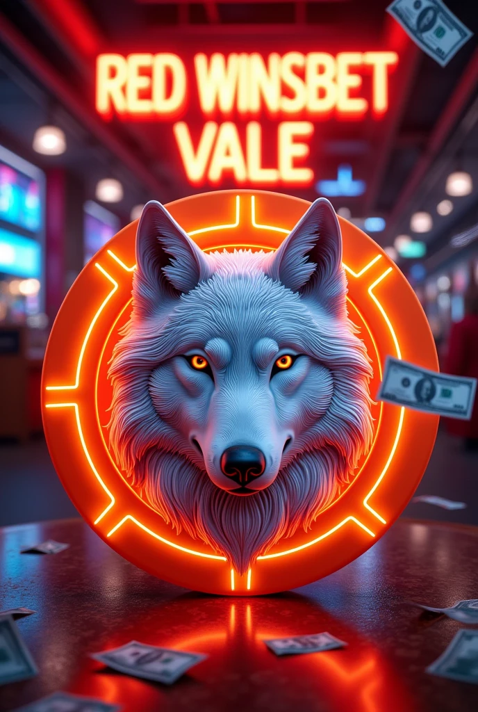 Large neon orange casino chip, with the face of a white and gray wolf and on the face have mandala , with elegant upside down lettering with large 3D neon sparkles say "RED WINSBET CASHIER VALE" and money in the air