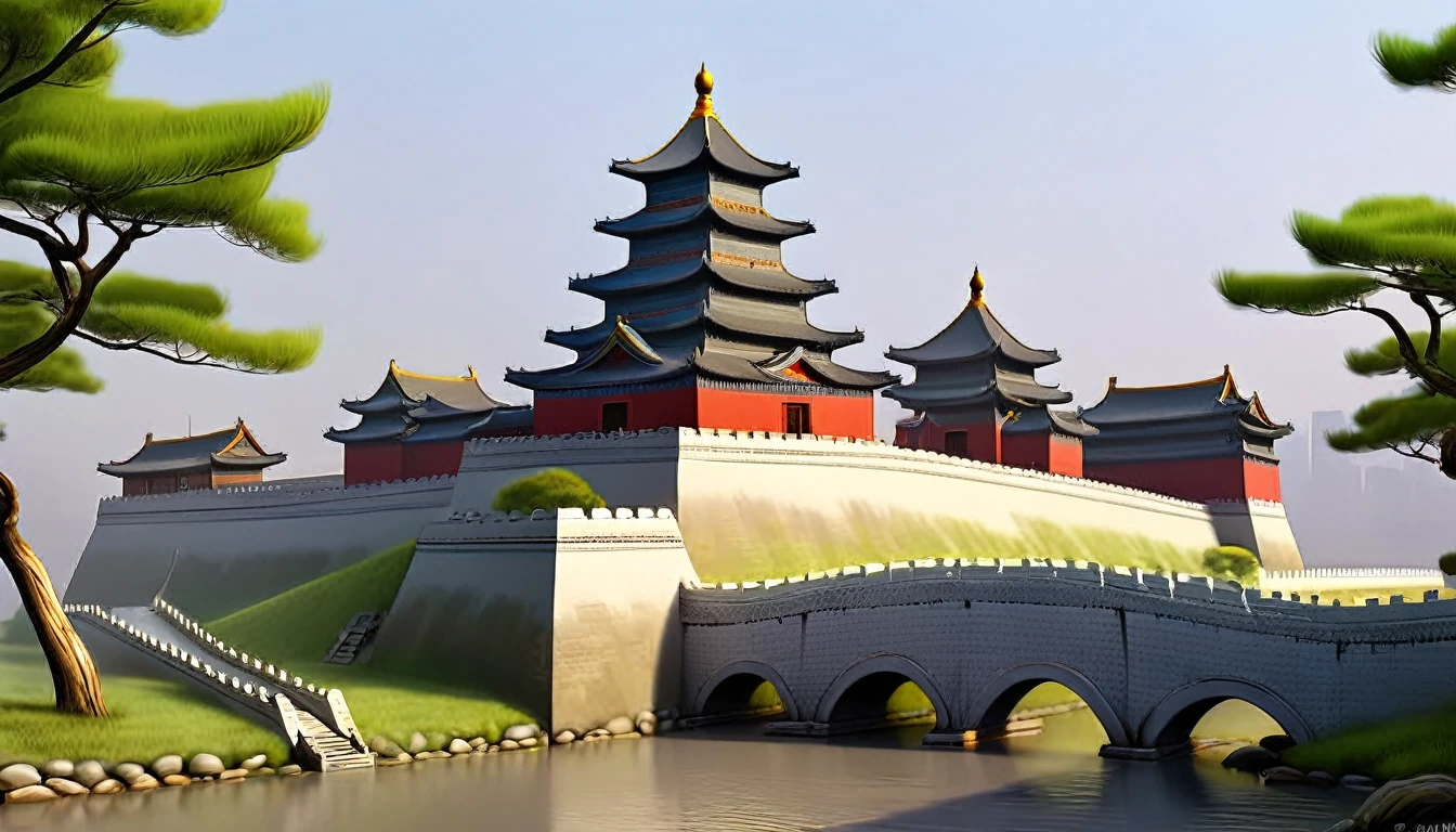 Realistic illustration, design of Chinese Imperial era sturdy buildings, fortresses, historic. plain gray white background. ((Best Quality, 16k, Masterpiece :1.3))