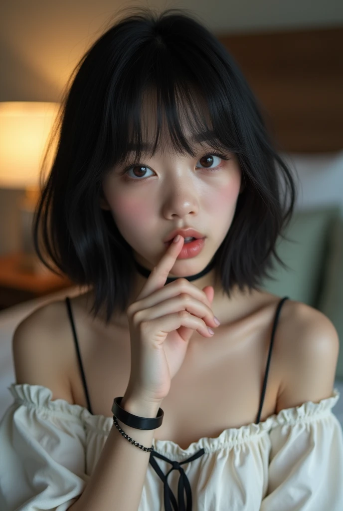 nude figure fingertips touch own lips with self hand while kneering down and positive approaching for a kiss neat pure beauty girl is beautiful japanese female and beautiful russian female mixed race only in the face age is 15 features of the whole body black hair medium straight bob cut hair style beautiful small face with short eyelashes boyish eyes only high nose dark blue pupils very thin upper lip milky white skin accurate attractive body shape beautiful bust waist hip s thighs knees legs choker and tie on neck take off school uniform with dark blue skirt half opend eyes shy enamored face kindly and slight in hotel