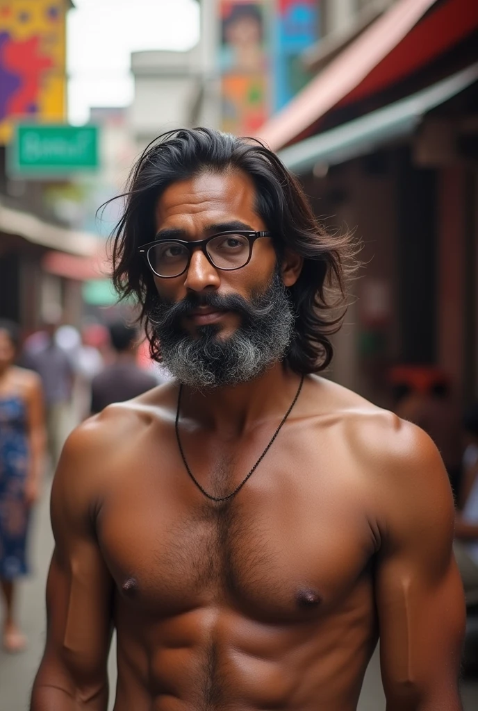 A 35 year old six feet tall brown skin man with healthy body with long hair with few grey hair strands wearing glasses , clean shaved, bangladeshi