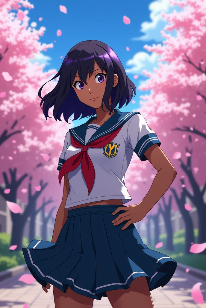 Screenshot of My Hero Academia of a girl with brown skin and short, wavy, jet-black hair with some purple strands, wearing the UA school uniform