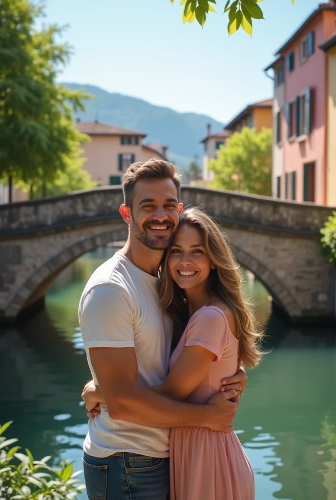 Male man and female cute women huge each other stand near bridge very happybackground very peaceful with building