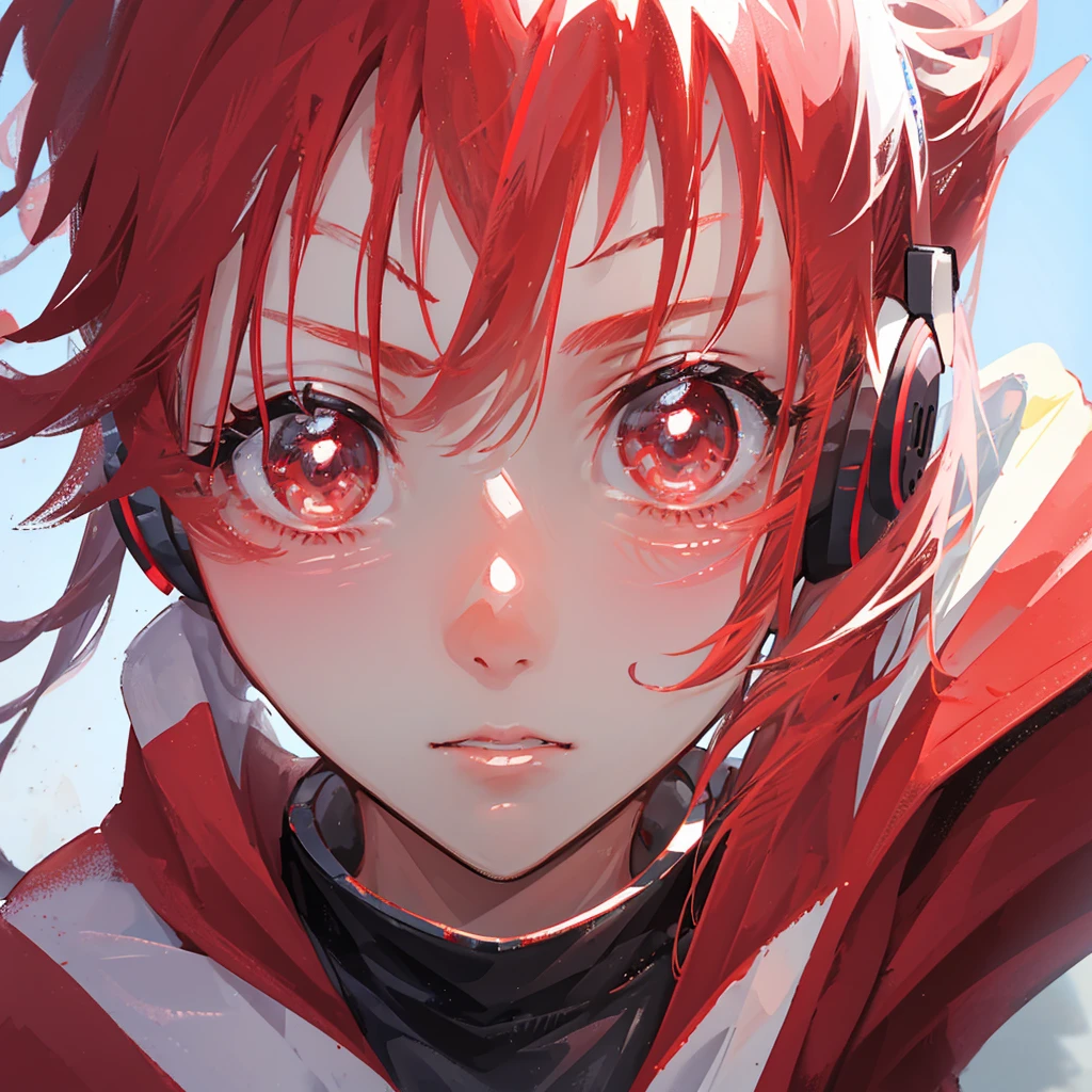 A girl with a high white ponytail、Wearing a red sweatshirt、A girl wearing headphones is facing the camera,colorful,gorgeous,Close-up of face,Solitary
