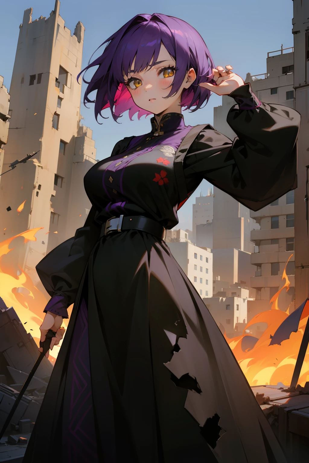 A cute girl, short purple hair, yellow eyes, Palestinian attire, large breasts, a black dress embroidered with red, a long-sleeved dress, a belt, a destroyed city in the background.