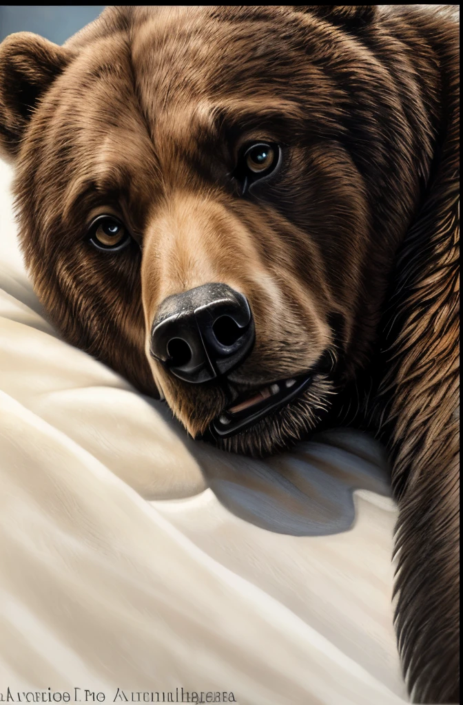 painting of a bear laying down on a white surface, an ultrafine detailed painting by Andrea Mantegna, flickr, photorealism, extremely detailed!!!, inquisitive. detailed expression, amazing detail. colored, hyperrealist highly intricate, very detailed painting, smilodon, extremely detailed fur, half grizzly bear, hyperdetailed painting, .highly realistic