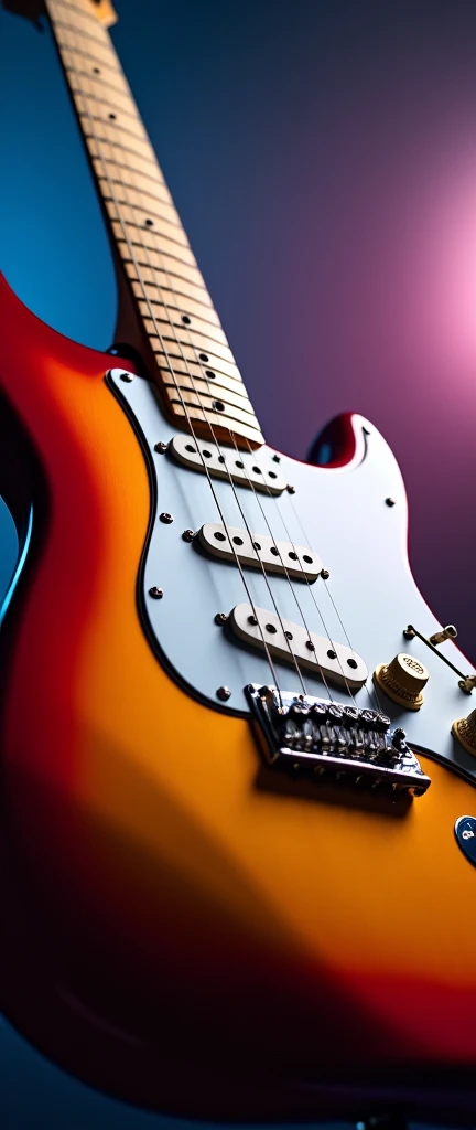 , 3 single coils and white buttons., Create a phone wallpaper of an electric guitar, a Fender Stratocaster, with、Sunburst, maple fingerboard and white shield