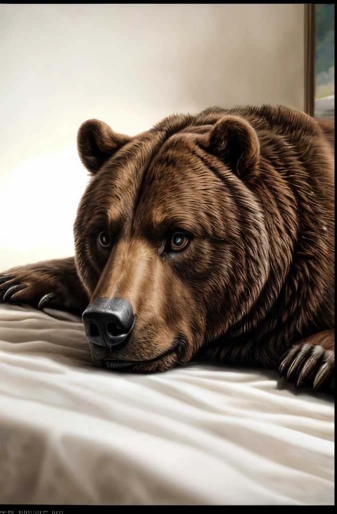 painting of a bear laying down on a white surface, an ultrafine detailed painting by Andrea Mantegna, flickr, photorealism, extremely detailed!!!, inquisitive. detailed expression, amazing detail. colored, hyperrealist highly intricate, very detailed painting, smilodon, extremely detailed fur, half grizzly bear, hyperdetailed painting, .highly realistic