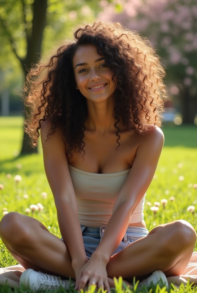 A brunette girl with curly hair and big breasts sits with her legs stretched out, taking a realistic photo