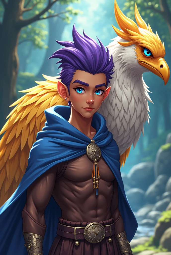 elfo, brown skinned, 20 year, shaved hair on the sides, cabelo roxo, blue colored eyes, Mancino, and he is a wizard, Your pet is a griffin, it's an anime version 