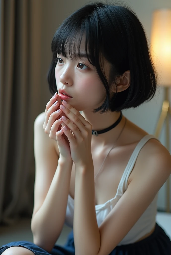 half nude figure fingertips touch own lips with self hand while kneering down and positive approaching for a kiss neat pure beauty girl is beautiful japanese female and beautiful russian female mixed race only in the face age is 15 features of the whole body black hair medium straight bob cut hair style beautiful small face with short eyelashes boyish eyes only high nose dark blue pupils very thin upper lip milky white skin accurate attractive body shape beautiful bust waist hip s thighs knees legs choker and tie on neck take off school uniform with dark blue skirt half opend eyes shy enamored face kindly and slight in hotel