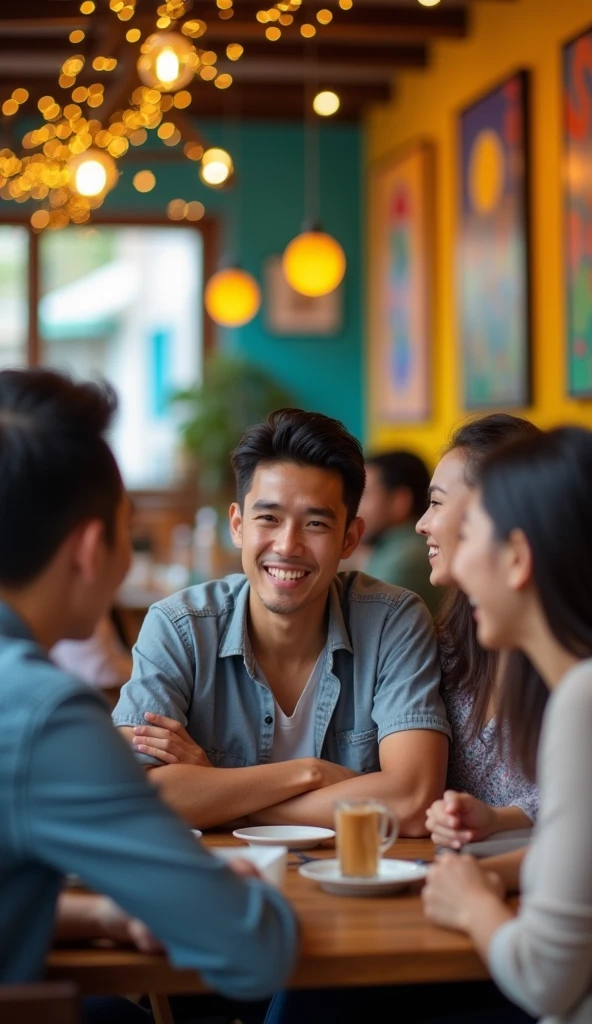 Image of many people laughing at a 22 year old Vietnamese man because when asked how much his salary was, he just smiled slightly.