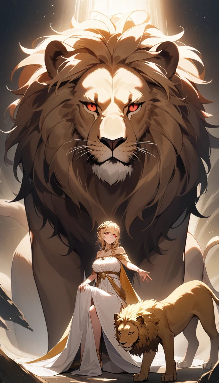 (Huang Li、high quality、Extremely detailed),Leo Goddess,Giant lion,Woman petting a lion,Similar to Latin goodness,brave,capricious,Productivity,The face of enterprising and humanitarianism,Long yellow hair,Ancient Greek costumes、Wrap Dress,The background is the universe,Crystal red eyes(Eyes Details),Powerful appearance