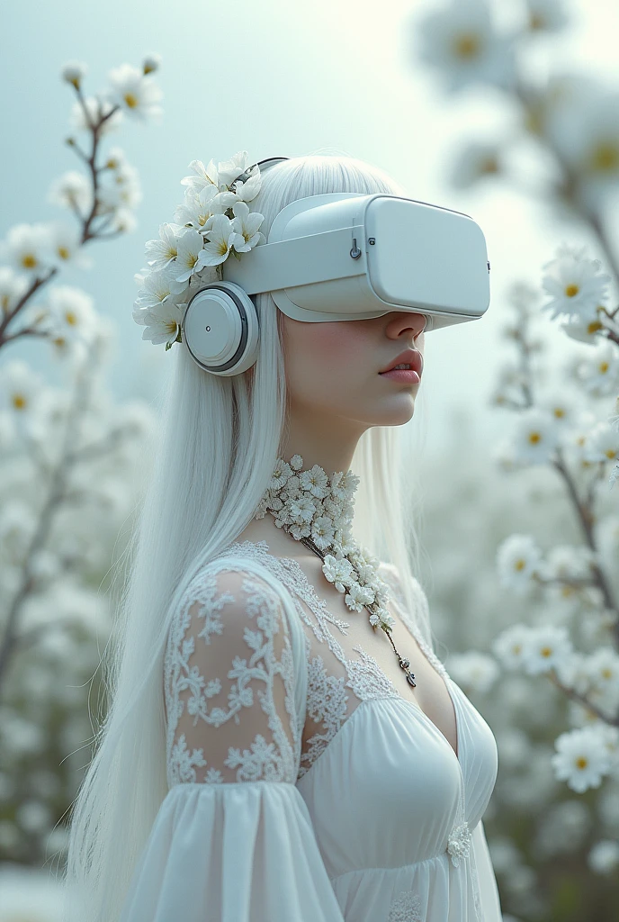 [Vision:1.0]，[Wide Angle:1.0]，future world，Cyberpunk，Hyperrealistic rendering，A girl wearing VR glasses and pure white Gothic chiffon lace translucent design clothes，Headphones decorated with flowers，It looks very refined。Her hair is pure white，She wears a necklace made of white flowers around her neck，She is surrounded by white flowers。The background is a blurry sky，Gives a dreamy feeling。The overall color is white, gray and black，Peaceful and mysterious atmosphere。Cyberpunk，The influence of futurism，Technology elements，Natural Beauty，Surreal，Art work，，Perfect composition，Ultra HD，(Look directly at the audience:15)，Surreal主义，uhd，masterpiece，precise，Anatomically correct，Textured Skin，Super Detail，8k
