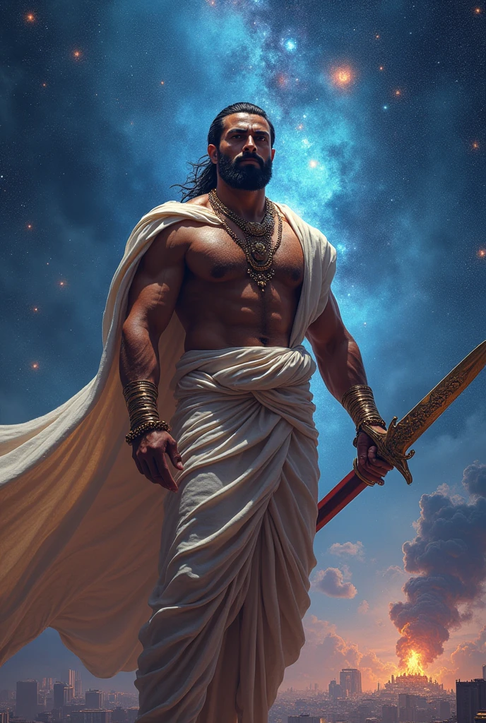 The most handsome man in universe with height of 6ft and a great strong PHYSIQUE like a warrior he is big and have sword in one hand and wearing dhoti