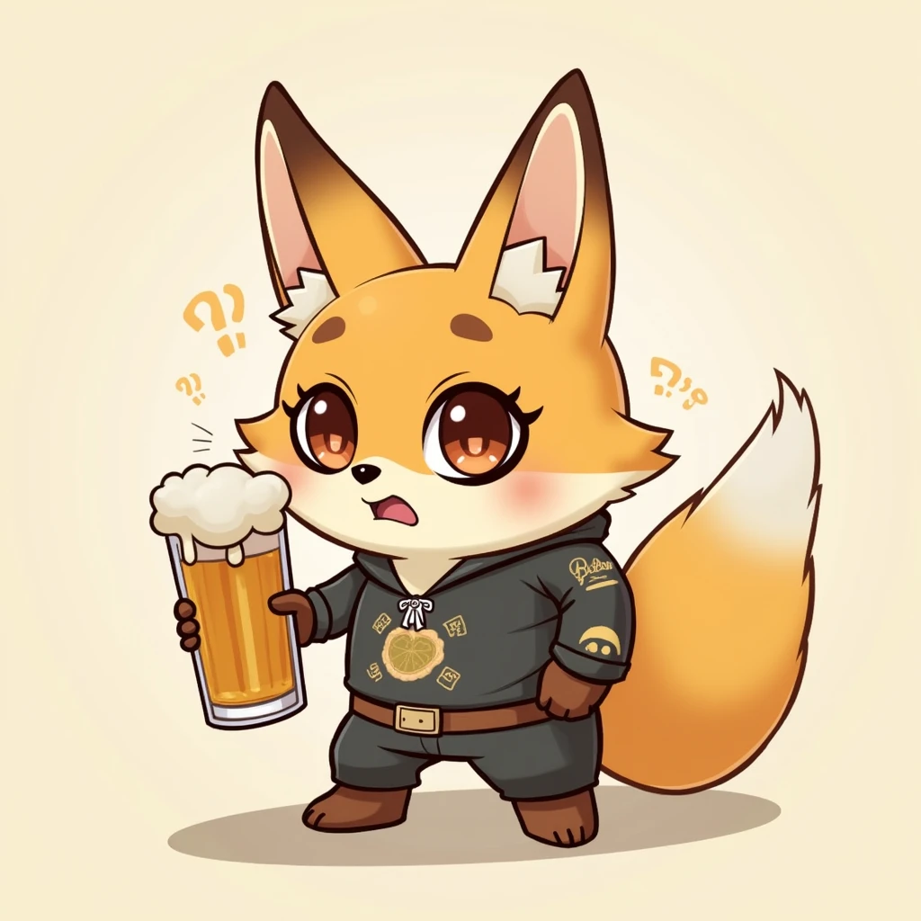 Fox character。He has narrow eyes and holds a beer、His body is three-headed and has a dazed look.。
