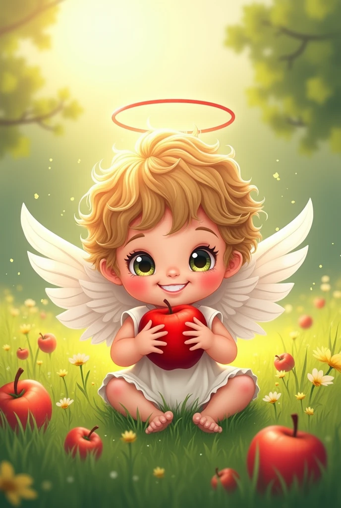 drawn drawing, Sticker, in the style of illustration
Beautiful little angel - child in the grass, Sticker, light eyes, halo overhead, smile, Sticker, apples in hand