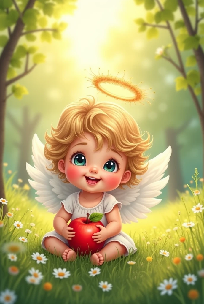 drawn drawing, Sticker, in the style of illustration
Beautiful  angel - child e grass, Sticker,  light eyes, halo overhead, smile, Sticker, apples in hand