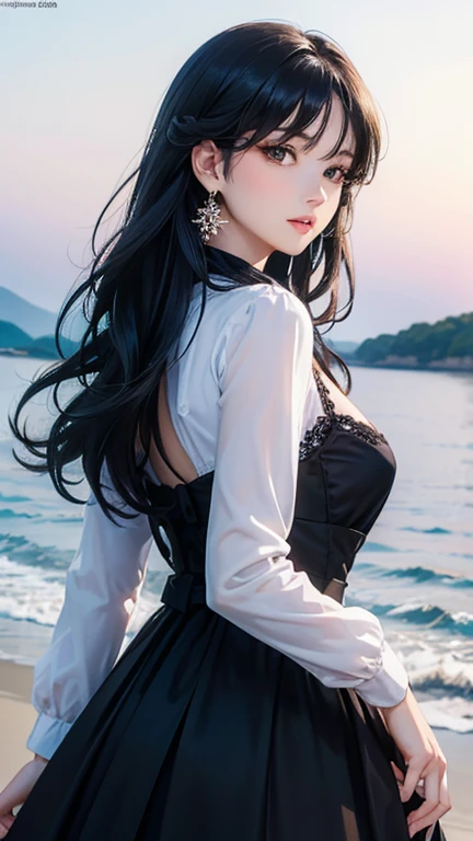 (masterpiece,Highest quality,,8k,High resolution),One female,,Beautiful Face,Beautiful Face,Beautiful eyes,Beautiful lips,,Black Hair,look back,,flower,Sandy beach with a view of the forest,A bright night with stars visible,jewelry,Holding,Long sleeve,necklace,Long Hair,dress,(whole body),Highly detailed anime art,